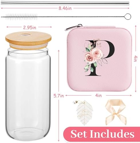 AYGXU Travel Jewelry Organizer, 16oz Glass Cups with Bamboo Lids, Aesthetic Coffee Cups, Graduation Travel Essentials Small Jewelry Box, Personalized Jewelry Boxes for Women, Initial P Pink - Image 2