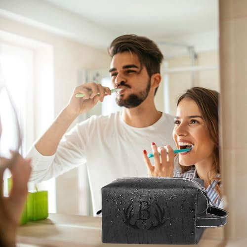 Personalized Gifts Travel Toiletry Bag for Men Engraved Initial PU Leather Waterproof Shaving Bag for Toiletries Accessories Fathers Day Birthday Gift for Men Dad Husband Son, Black Q - Image 3