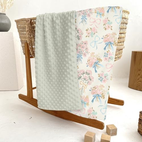Pastel Floral Bows Baby Blankets for Girl Boy Preppy Floral Pink Blue Bows Soft Mink Dotted Backing Double Layer Swaddle Blanket Toddler Nursery Boho Flowers Spring Bed Blanket Crib Shower Gifts 30x40 - Image 6