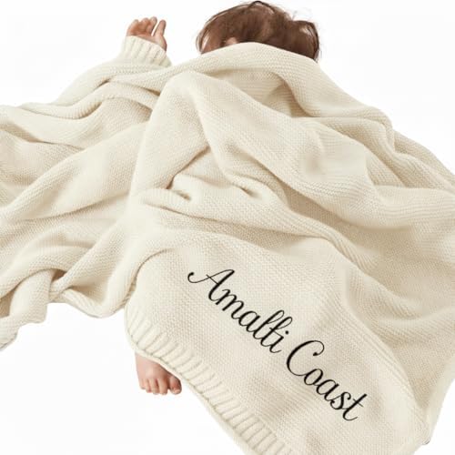 Personalized Baby Blanket for boy and Girls 40 x 30 in, Custom Hand Knit Baby Blanket Items, Soft Breathable Muslin Baby swaddles with Name, Newborn Baby Gifts and Birthday, Festival Gifts, Blue by Handmade