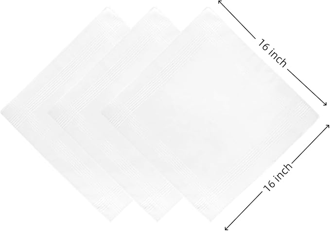 Mens White Handkerchief with Stripe,16" by 16” Soft Hankies (White 12)