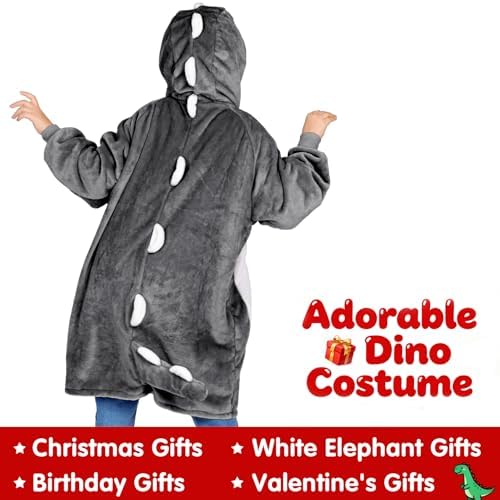 Waitu Dinosaur Wearable Blanket Hoodie Funny Halloween Costumes Gifts for Women Men Boys Girls, Zipper Hoodie Blanket Sweatshirt Cozy Unisex Flannel Dinosaur Costume Cute Gifts (Kids, Gray) - Image 2