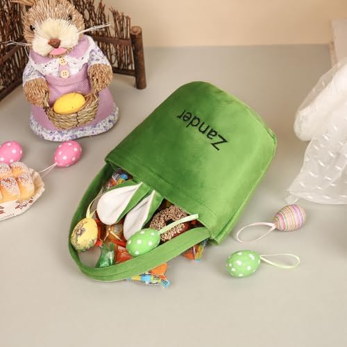 Personalized Bunny Ears Bucket Bag with Custom Name Photo-Easter Bag with Handle-Soft Egg Basket for Kids -Customized Easter Basket-Great for Carrying Gift Easter Eggs (Green-r) - Image 6