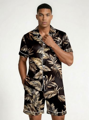 Ekouaer Mens Silk Satin Pajamas Set Short Sleeve Button Up Lounge Pjs Set - Image 4