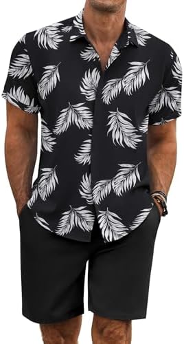 COOFANDY Men's Summer Beach Outfits 2 Piece Short Sleeve Shirts and Shorts Vacation Texture Linen Sets for Men by COOFANDY