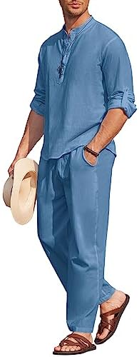 COOFANDY Men’s 2 Piece Cotton Linen Set Casual Beach Outfits Long Sleeve by COOFANDY