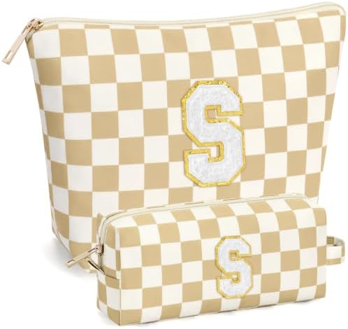 mibasies 2 PCS Initial Makeup Bags for Women: Cosmetic Bag for Travel Toiletry - Birthday Gifts for Teen Girl Gifts Trendy Stuff - Graduation Teacher Gift for Girlfriend -Checkered Brown S by mibasies