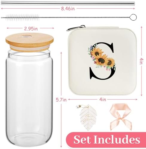 AYGXU Initial glass cups with lids and straws,personalized gifts for women,iced coffee cups,small jewelry box,travel jewelry case organizer,small jewelry travel case,Initial S white - Image 2