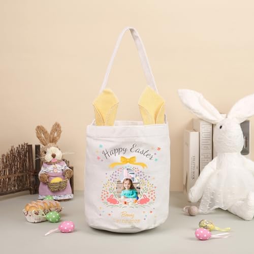 Personalized Bunny Ears Bucket Bag with Custom Name Photo-Easter Bag with Handle-Soft Egg Basket for Kids -Customized Easter Basket-Great for Carrying Gift Easter Eggs (Yellow-Photo) - Image 4