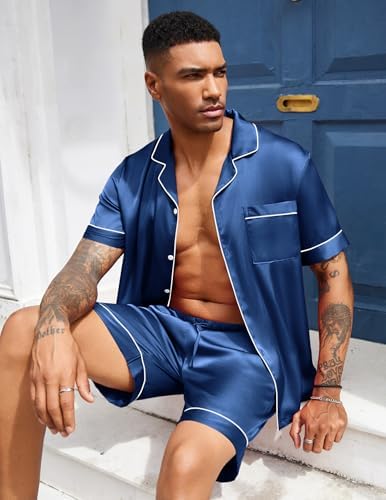 Ekouaer Mens Silk Satin Pajamas Set Short Sleeve Button Up Lounge Pjs Set - Image 5