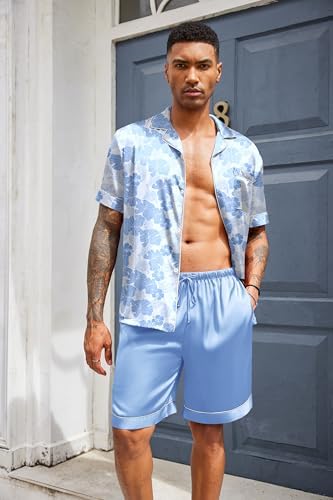 Ekouaer Mens Silk Satin Pajamas Set Short Sleeve Button Up Lounge Pjs Set - Image 4