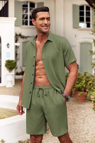 COOFANDY Men's Summer Beach Outfits 2 Piece Short Sleeve Shirts and Shorts Vacation Texture Linen Sets for Men - Image 2