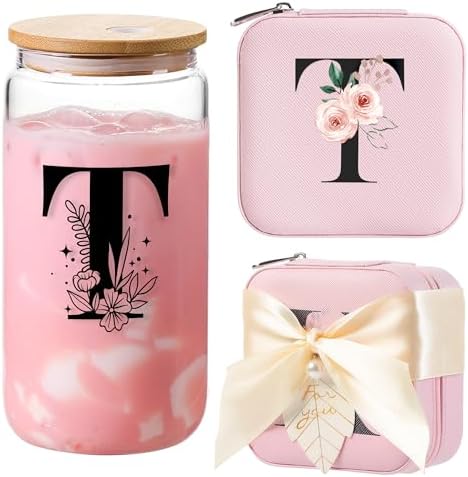 AYGXU Birthday & Occasion Gifts for Women & Girls - Glass Cup with Bamboo Lid & Straw, Initial T Pink by AYGXU