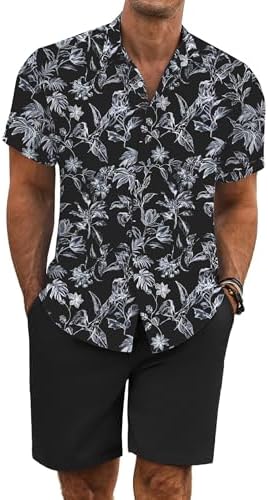 COOFANDY Men's Summer Beach Outfits 2 Piece Short Sleeve Shirts and Shorts Vacation Texture Linen Sets for Men by COOFANDY