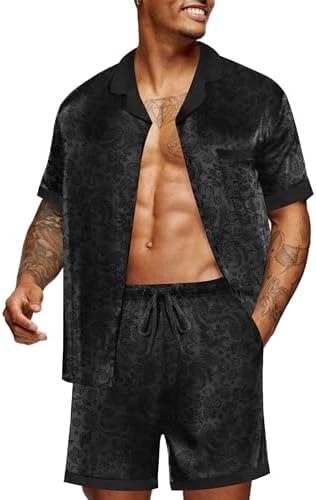 Ekouaer Men Silk Pajamas Set 2 Pieces Satin Pj Button Down Loungewear Sets by EKOUAER