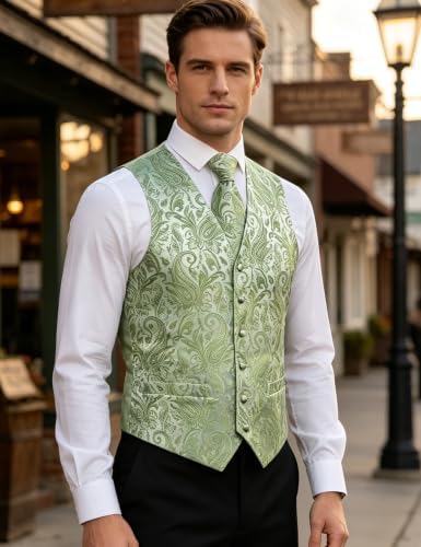 DiBanGu Mens Vest and Tie Set Formal Paisley Waistcoat and Necktie Pocket Square Cufflinks Silk Suit Vest for Tuxedo Wedding - Image 2