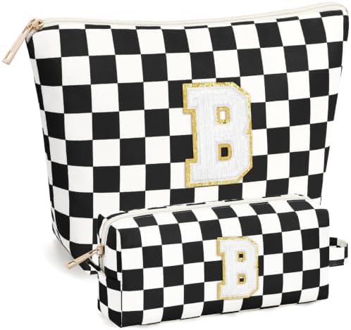 mibasies 2 PCS Initial Makeup Bags for Women: Cosmetic Bag for Travel Toiletry - Birthday Gifts for Teen Girl Gifts Trendy Stuff - Graduation Teacher Gift for Girlfriend -Checkered Black B by mibasies
