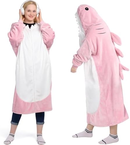 Waitu Shark Blanket Hoodie Funny Birthday Gifts for Women Men Boys Girls, Zipper Wearable Shark Hooded Blanket Cute Shark Costume Cozy Flannel Shark Sleeping Bag for Shark Lovers (Adult, Bright Pink) by Waitu