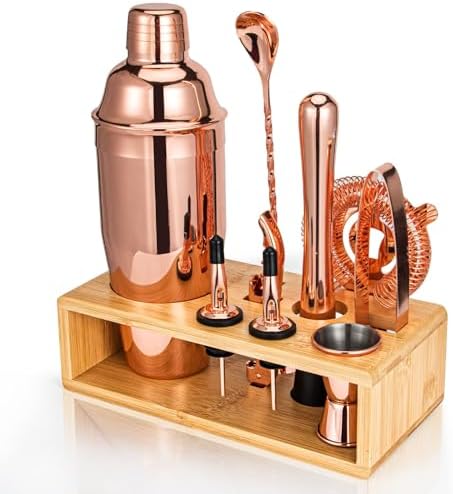 Rose Gold Cocktail Shaker Set, Premium 18/8 Stainless Steel Mixology Bartender Kit with Stylish Bamboo Stand 10-Piece Bar Tools & Accessories for Home Decor - Gift for Women, Mom, Wedding by Semderm