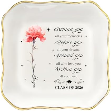 College and High School Graduation Gift for Her, Personalized Graduation Jewelry Dish Class of 2026, Ceramic Ring Tray 4.3x4.3 inches, Customizable Names and Birth Month Flowers by Unknown