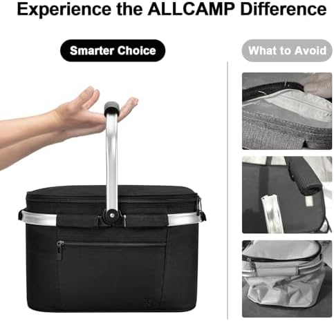 ALLCAMP Picnic Basket, 22L Insulated Cooler Foldable, Thick, Black - Image 4