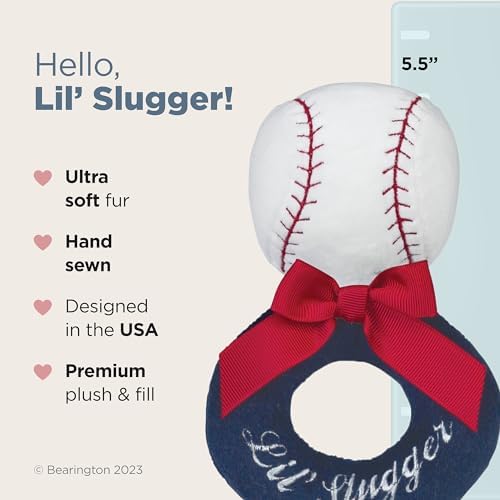 Bearington Collection Baby Lil’ Slugger, 5.5 Inch Red, White and Blue Plush Stuffed Baby Baseball Soft Ring Rattle - Image 2