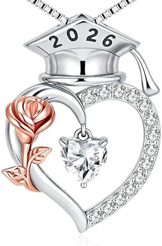 SLOONG College Graduation Gifts for Her, S925 Sterling Silver Heart Birthstone Graduation Cap Rose Necklace, Class of 2026 High School College Graduation Gifts for Her by sloong