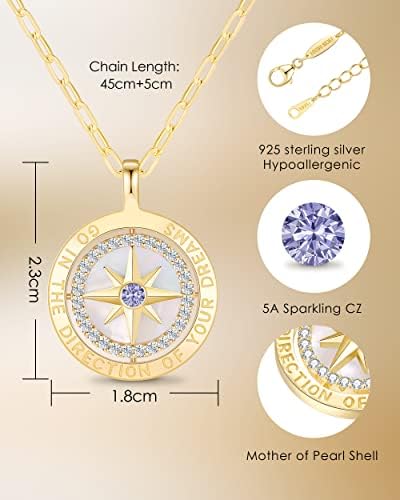 Compass Birthstone Pendant Necklace for Women, S925 Sterling Silver Jewelry - Image 4