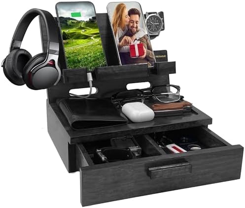 VEIYAILU Gifts for Him Husband Boyfriend Son Men Nightstand Organizer Wood Phone Docking Station Birthday Gifts (Black) by VEIYAILUGiftsForMen