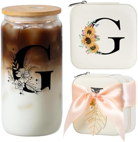 AYGXU Travel essential jewelry box,16oz Glass Cups with Bamboo Lids and Straws set,Personalized Jewelry Boxes for Women Girls,Travel Gifts for Women,Birthday Gifts for Girls,Initial G white by AYGXU