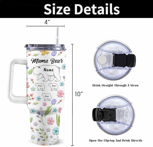 Gifts for Mom from Daughter Son, 40OZ Personalized Mama Bear Tumbler with Handle and Straw, Custom Mom Coffee Tumbler with Kids Names, Personalized Birthday Mothers Day Gift for Women, Her, Grandma - Image 3