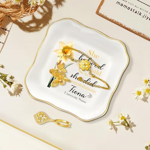 College and High School Graduation Gift for Her, Personalized Graduation Jewelry Dish Class of 2026, Ceramic Ring Tray 4.3x4.3 inches, Customizable Names and Birth Month Flowers - Image 2
