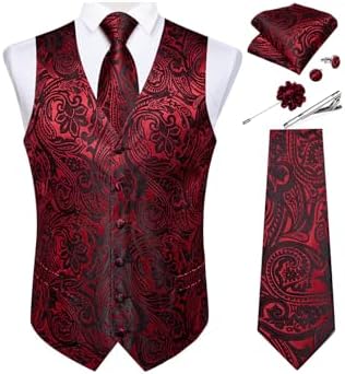 DiBanGu Mens Vest and Tie Set Formal Paisley Waistcoat and Necktie Pocket Square Cufflinks Silk Suit Vest for Tuxedo Wedding by DiBanGu