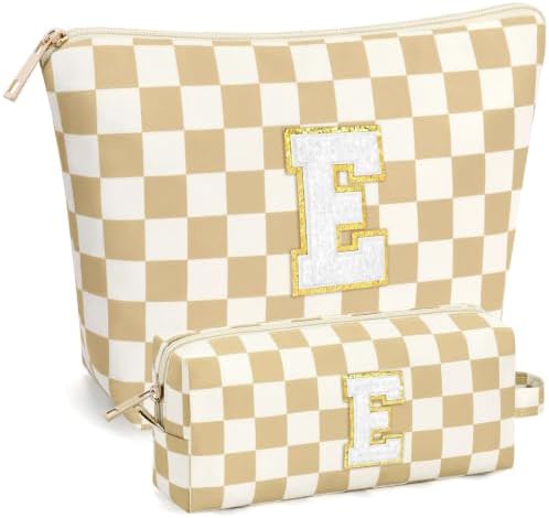 mibasies 2 PCS Initial Makeup Bags for Women: Cosmetic Bag for Travel Toiletry - Birthday Gifts for Teen Girl Gifts Trendy Stuff - Graduation Teacher Gift for Girlfriend -Checkered Brown E by mibasies