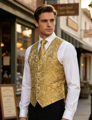 DiBanGu Mens Vest and Tie Set Formal Paisley Waistcoat and Necktie Pocket Square Cufflinks Silk Suit Vest for Tuxedo Wedding - Image 3