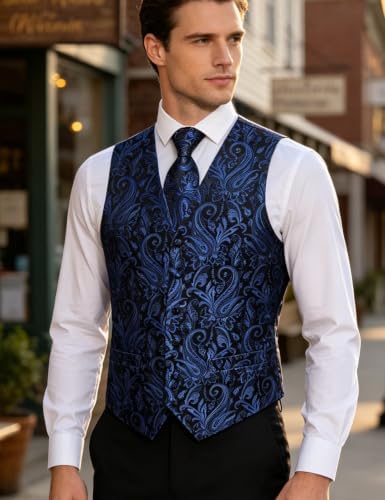 DiBanGu Mens Vest and Tie Set Formal Paisley Waistcoat and Necktie Pocket Square Cufflinks Silk Suit Vest for Tuxedo Wedding - Image 3