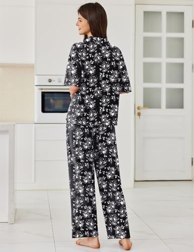 Ekouaer Women Pajamas Set Button Down Sleepwear Short Sleeve Pjs Long Pants - Image 2