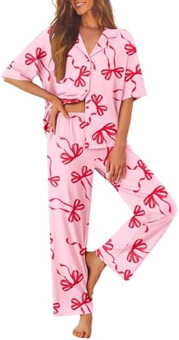 Ekouaer Women Pajamas Set Button Down Sleepwear Short Sleeve Pjs Long Pants by EKOUAER