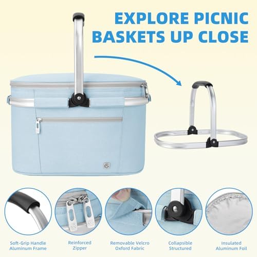 ALLCAMP Picnic Basket, 22L Insulated Cooler Foldable, Thick, Light Blue - Image 5