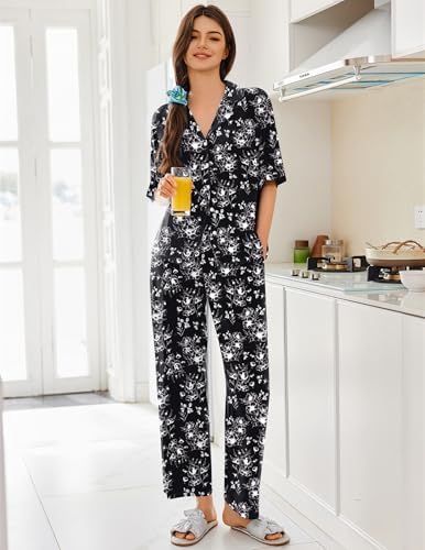 Ekouaer Women Pajamas Set Button Down Sleepwear Short Sleeve Pjs Long Pants - Image 3