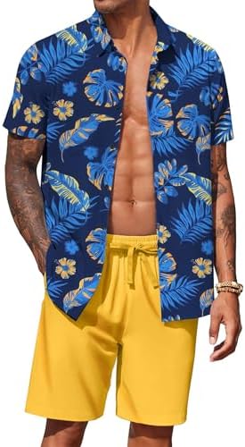 COOFANDY Men's Hawaiian 2 Piece Outfits Floral Button Down Shirt and Shorts Vacation Outfits Summer Beach Matching Set by COOFANDY