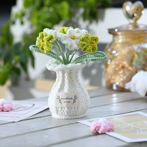 Forget-Me-Not Crochet Flower Potted Plant – Handmade Desk Decor, 7 Bloom Crochet Flowers in Fresh Green Shades - Image 5
