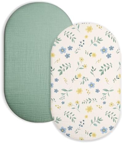 Muslin Bassinet Sheets 2 Pack, 33" x 17", (Spring Garden & Sage) by Meowcards