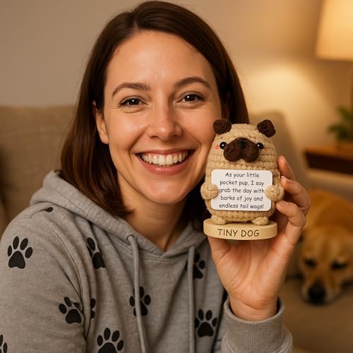 Dog lover Gifts for Women - Handmade Positive Crochet Animal W/ 30 Uplifting Signs - Funny Birthday Gifts for Dog Mom, Cute Present Idea for Women for Christmas, Emotional Support Office Desk Decor - Image 3