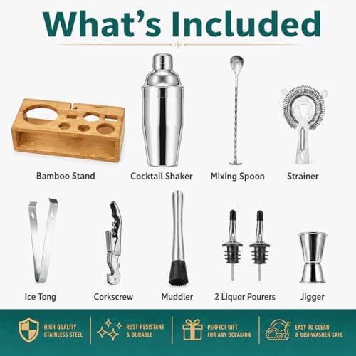 Cocktail Shaker Set, 18/8 Food-Grade Stainless Steel Mixology Bartender Kit 10-Piece Bar Tools with Stylish Bamboo Stand - Rust-Proof & Dishwasher Safe - Professional Martini Shaker Gift for Men, Dad - Image 2