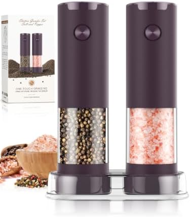Electric Salt and Pepper Grinder Set Automatic Battery Pepper Mill Shakers Adjustable Coarseness Upgraded Larger Capacity with Led Home and Kitchen Appliances(Burgundy) by ioion