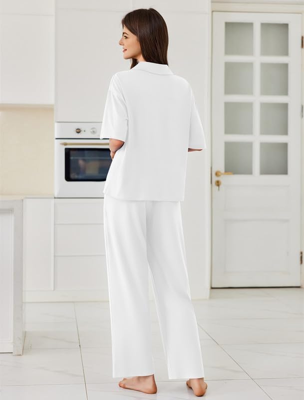 Ekouaer Women Pajamas Set Button Down Sleepwear Short Sleeve Pjs Long Pants - Image 2