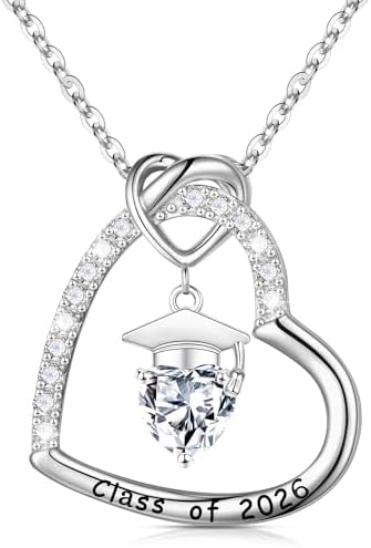 Turandoss 2026 Graduation Gifts - S925 Sterling Silver Heart Pendant Birthstone Graduation Cap Necklace Class of 2026 College High School Masters Degree Inspirational Gifts for Women by TurandossJewelry