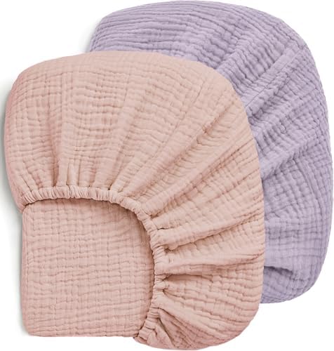 Pro Goleem 2 Pack Muslin Crib Sheets for Girls, Soft Breathable Fitted Cotton Baby Bed Sheets Set for Standard Crib Mattress & Toddler Mattress 52"x28", (Pink＆Purple) by ProGoleem