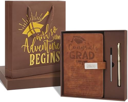 Christmas 2026 Congrats Grad Birthday Gift Brown Leather Notebook with Pen by Tinlade